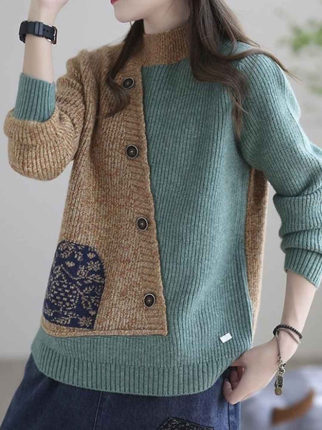 Mya Loose Crew Neck Colorblock Knitted Pullover Top-Blue