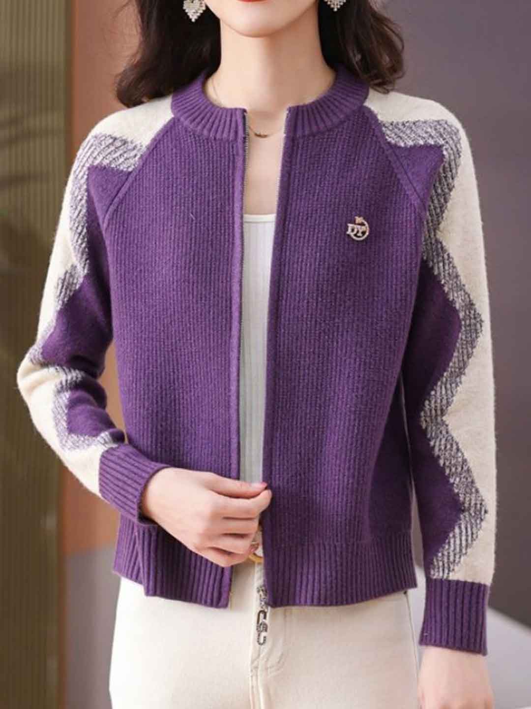 Paige Loose Crew Neck Colorblock Knitted Cardigan-Red