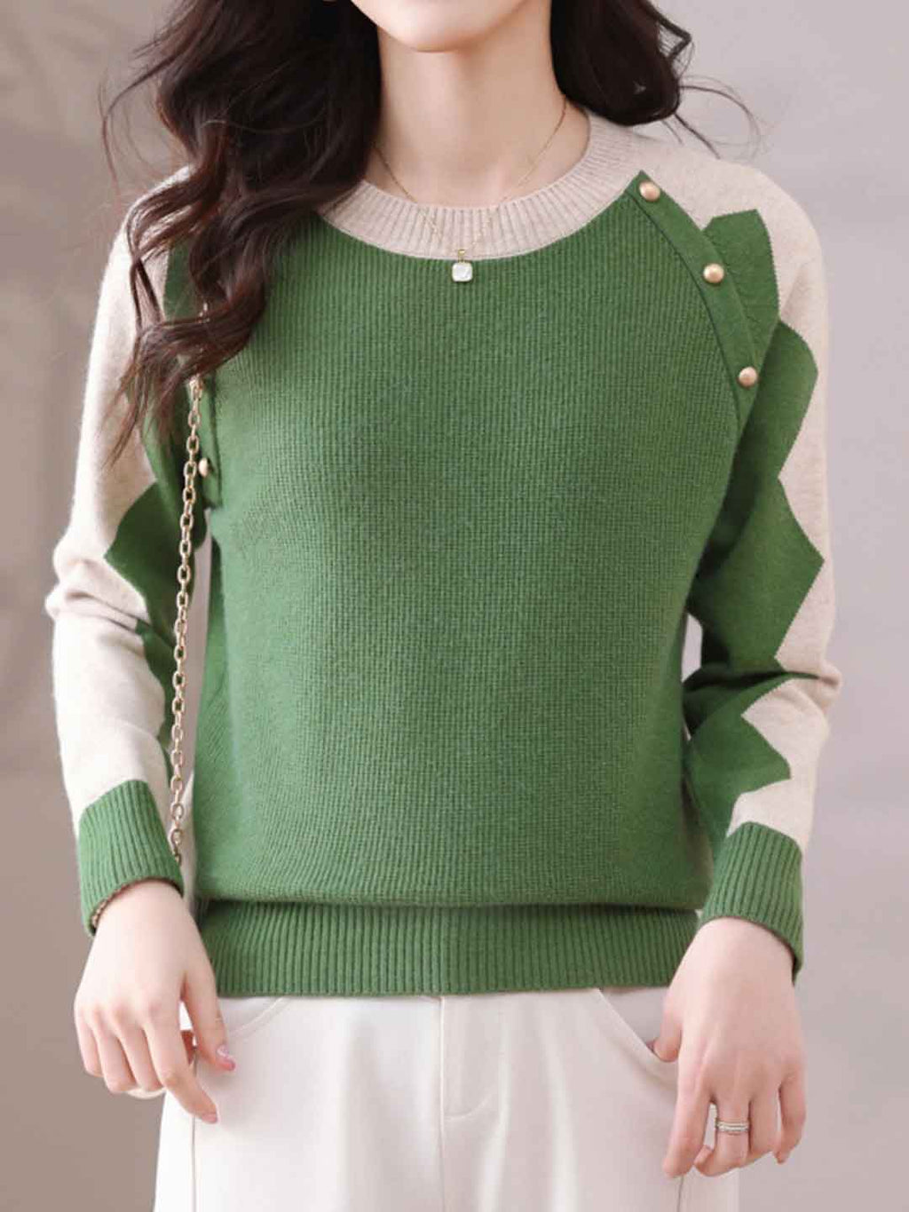 Bailey Loose Crew Neck Jacquard Knitted Pullover Top