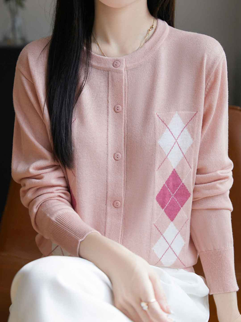 Rachel Loose Crew Neck Diamond Knitted Top