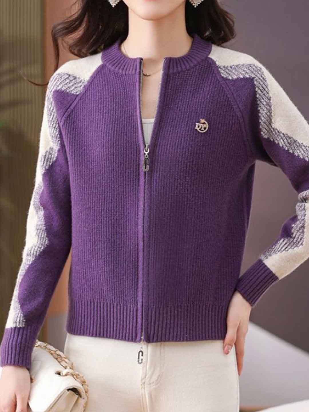 Paige Loose Crew Neck Colorblock Knitted Cardigan-Red