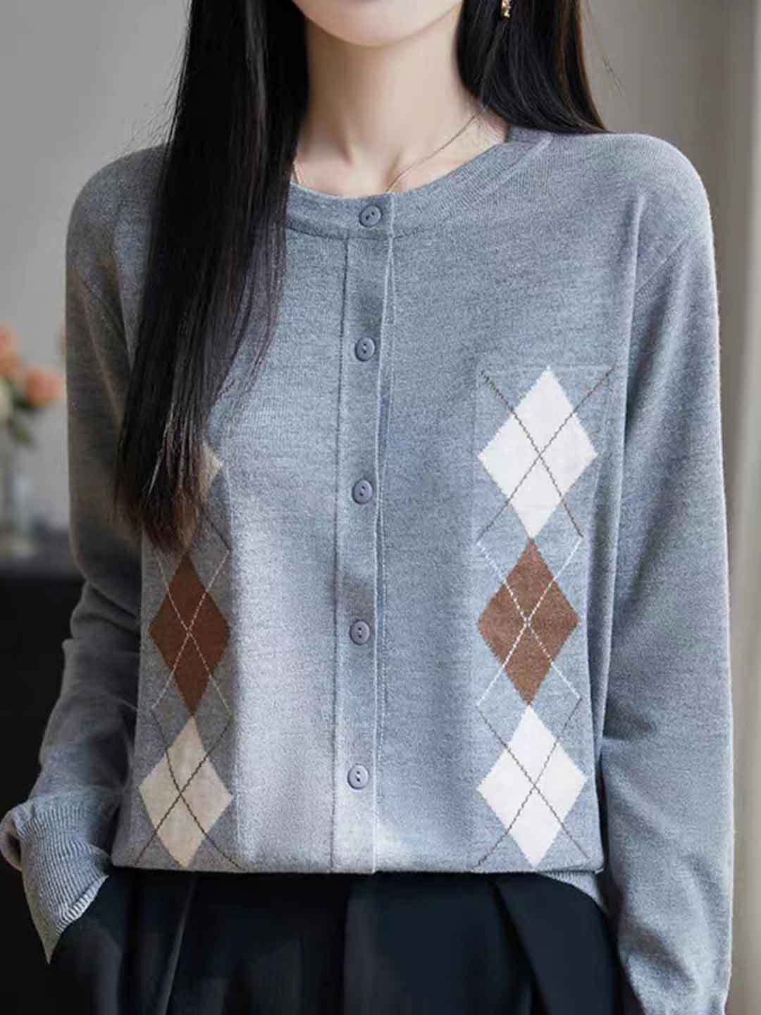 Rachel Loose Crew Neck Diamond Knitted Top