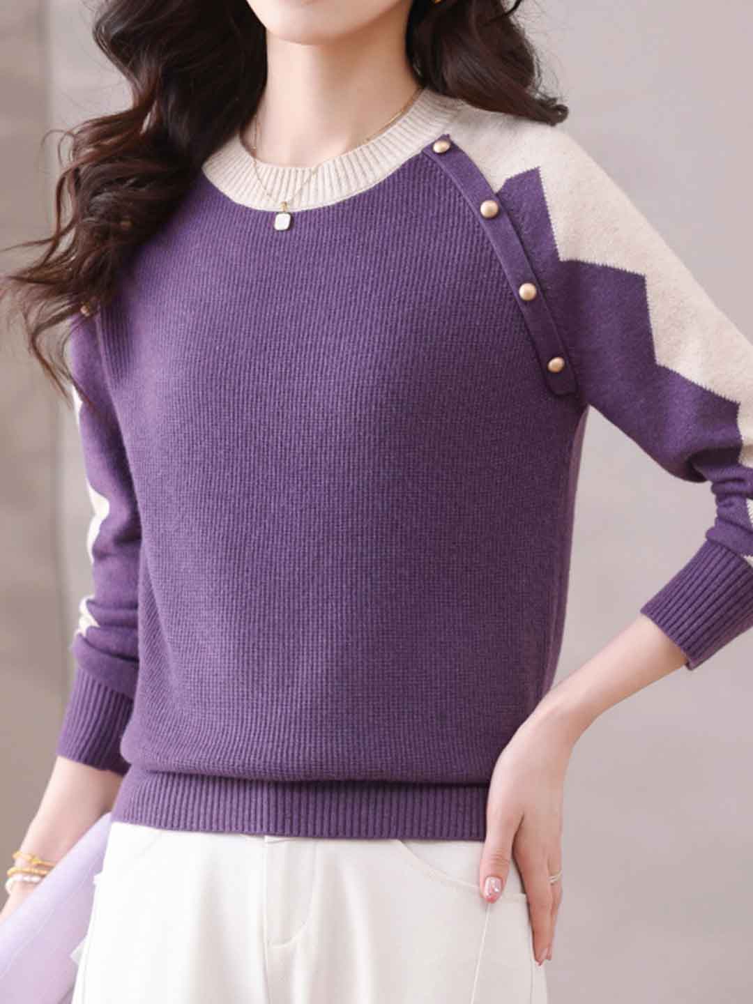 Bailey Loose Crew Neck Jacquard Knitted Pullover Top