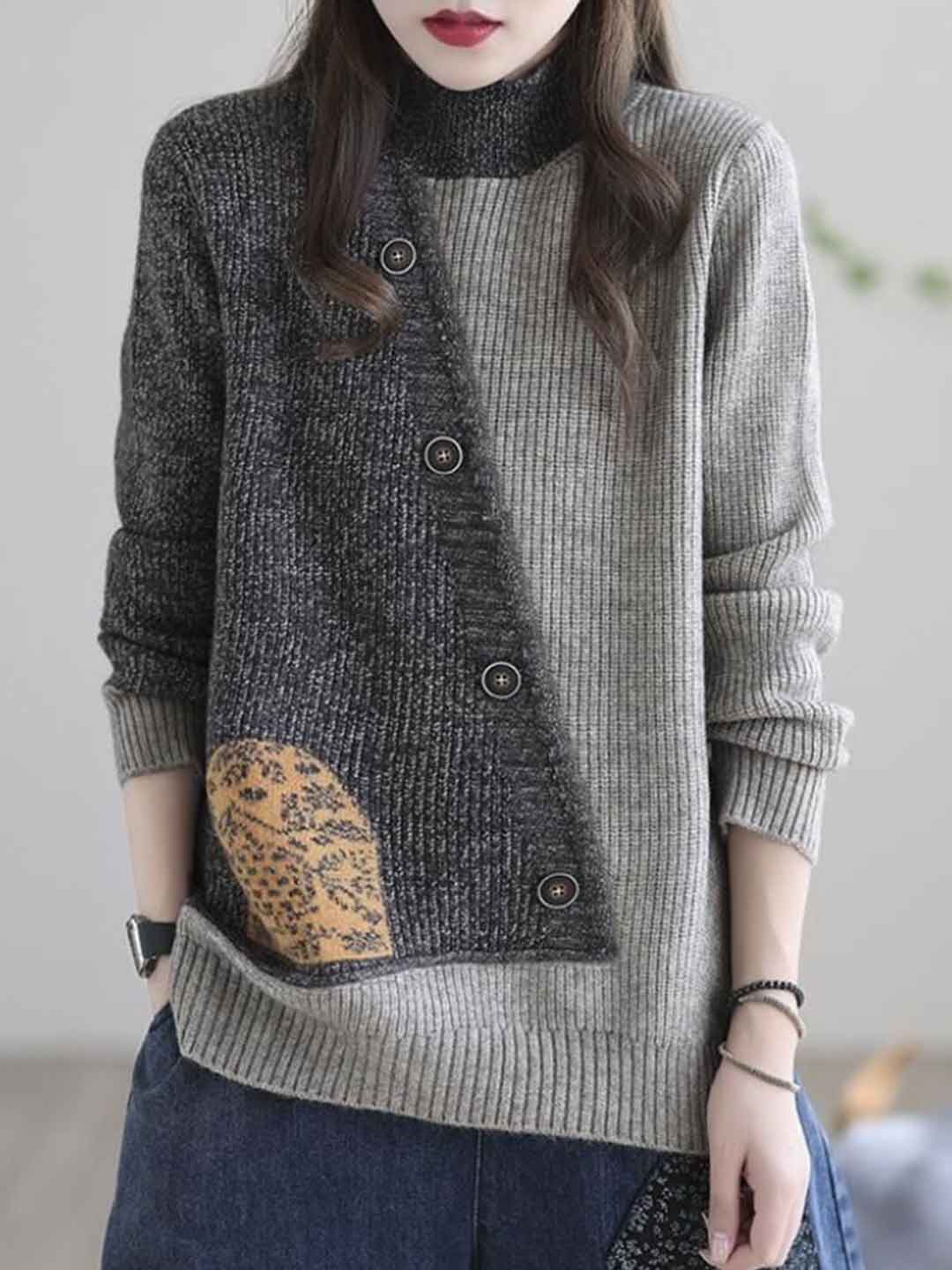 Mya Loose Crew Neck Colorblock Knitted Pullover Top-Gray