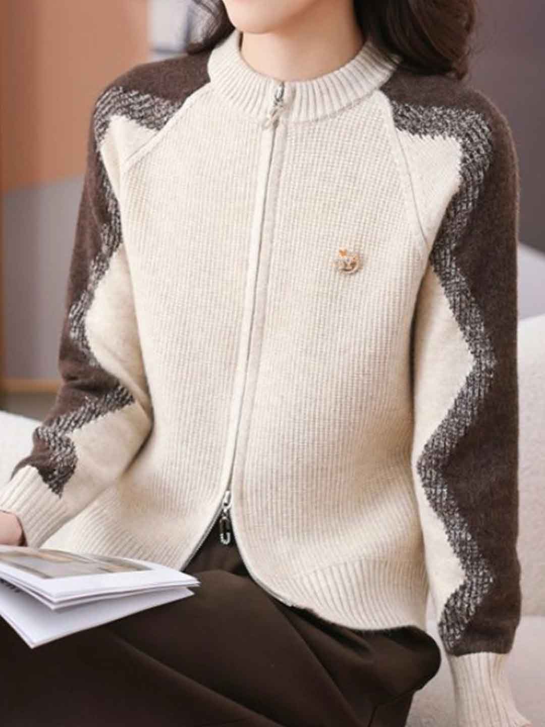 Paige Loose Crew Neck Colorblock Knitted Cardigan-Red