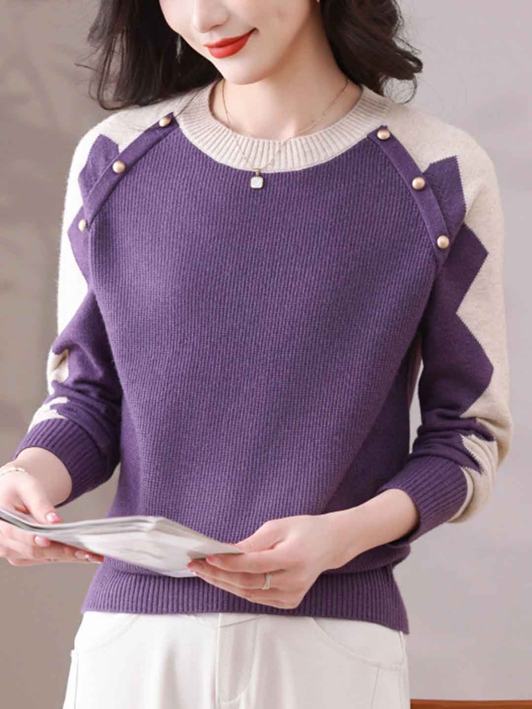 Bailey Loose Crew Neck Jacquard Knitted Pullover Top