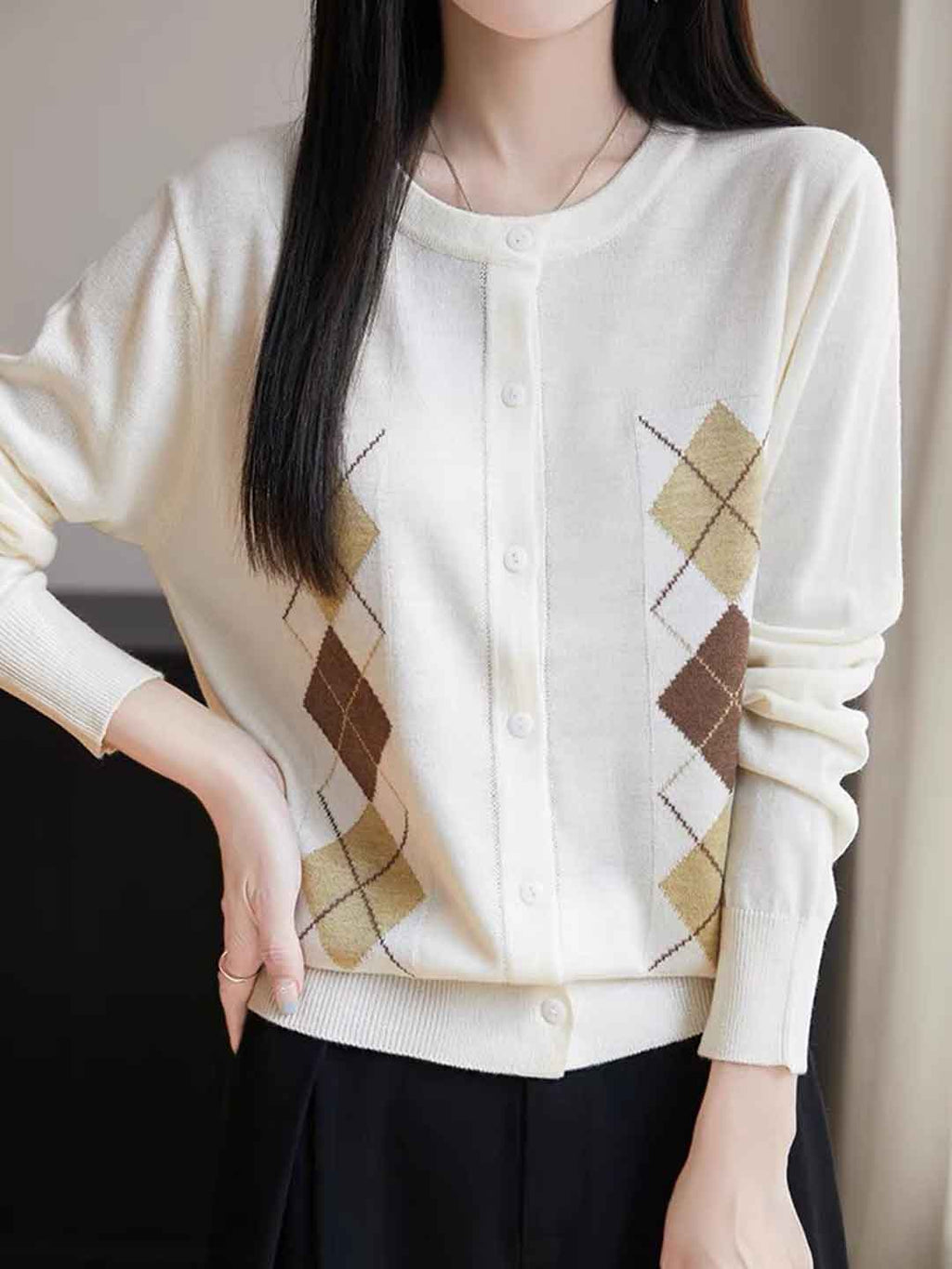 Rachel Loose Crew Neck Diamond Knitted Top