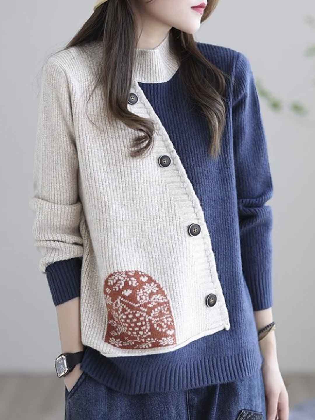 Mya Loose Crew Neck Colorblock Knitted Pullover Top