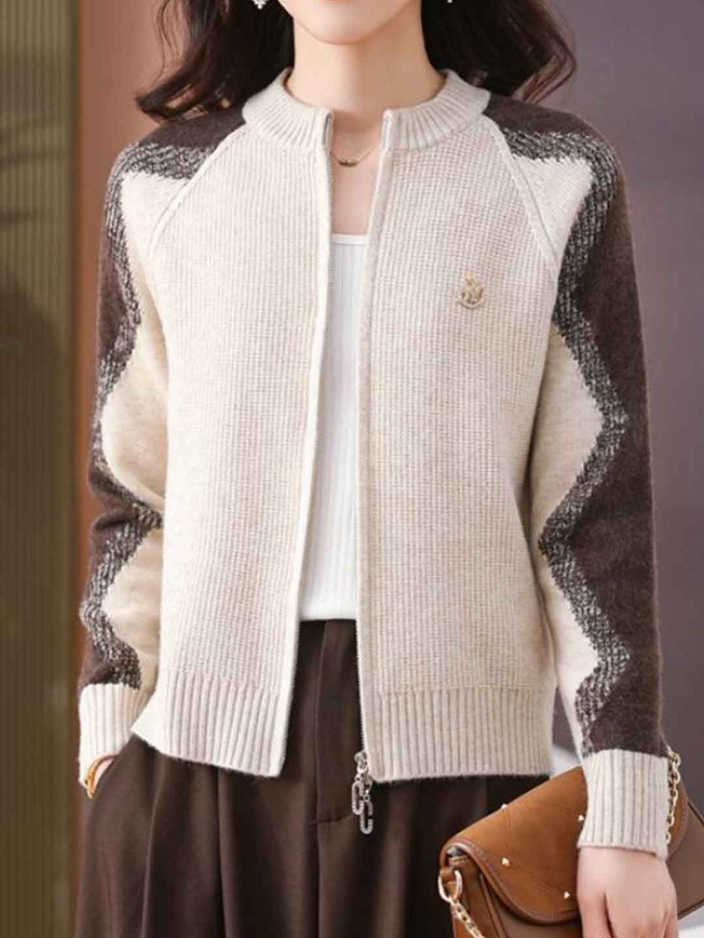 Paige Loose Crew Neck Colorblock Knitted Cardigan
