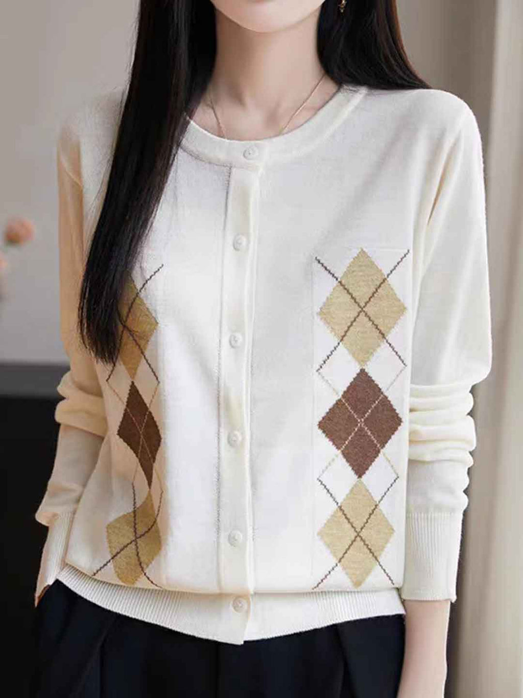 Rachel Loose Crew Neck Diamond Knitted Top