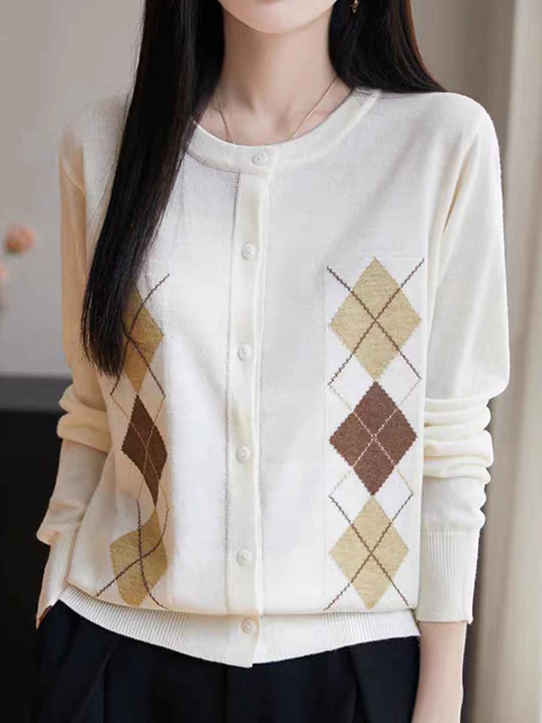 Rachel Loose Crew Neck Diamond Knitted Top