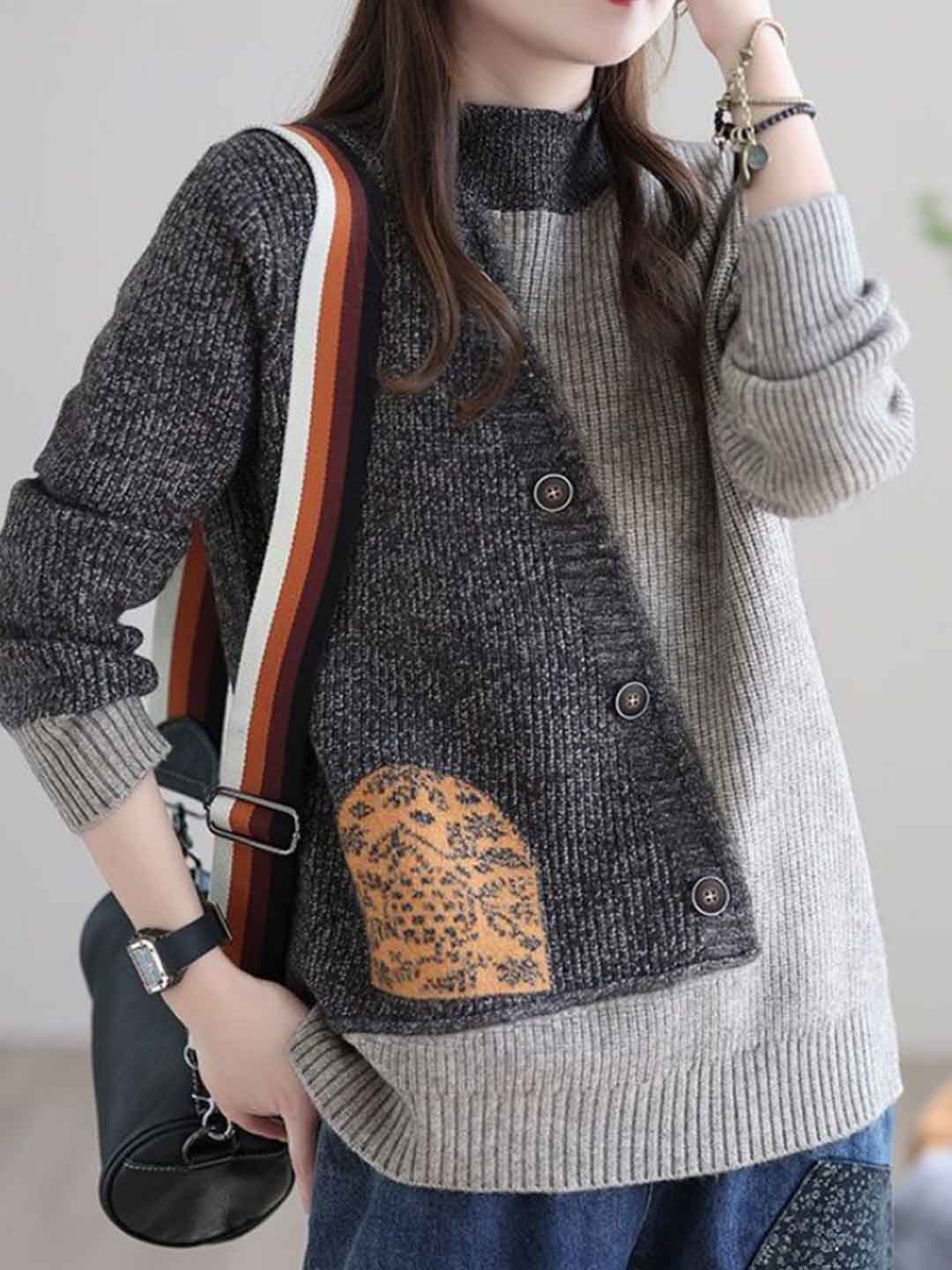 Mya Loose Crew Neck Colorblock Knitted Pullover Top