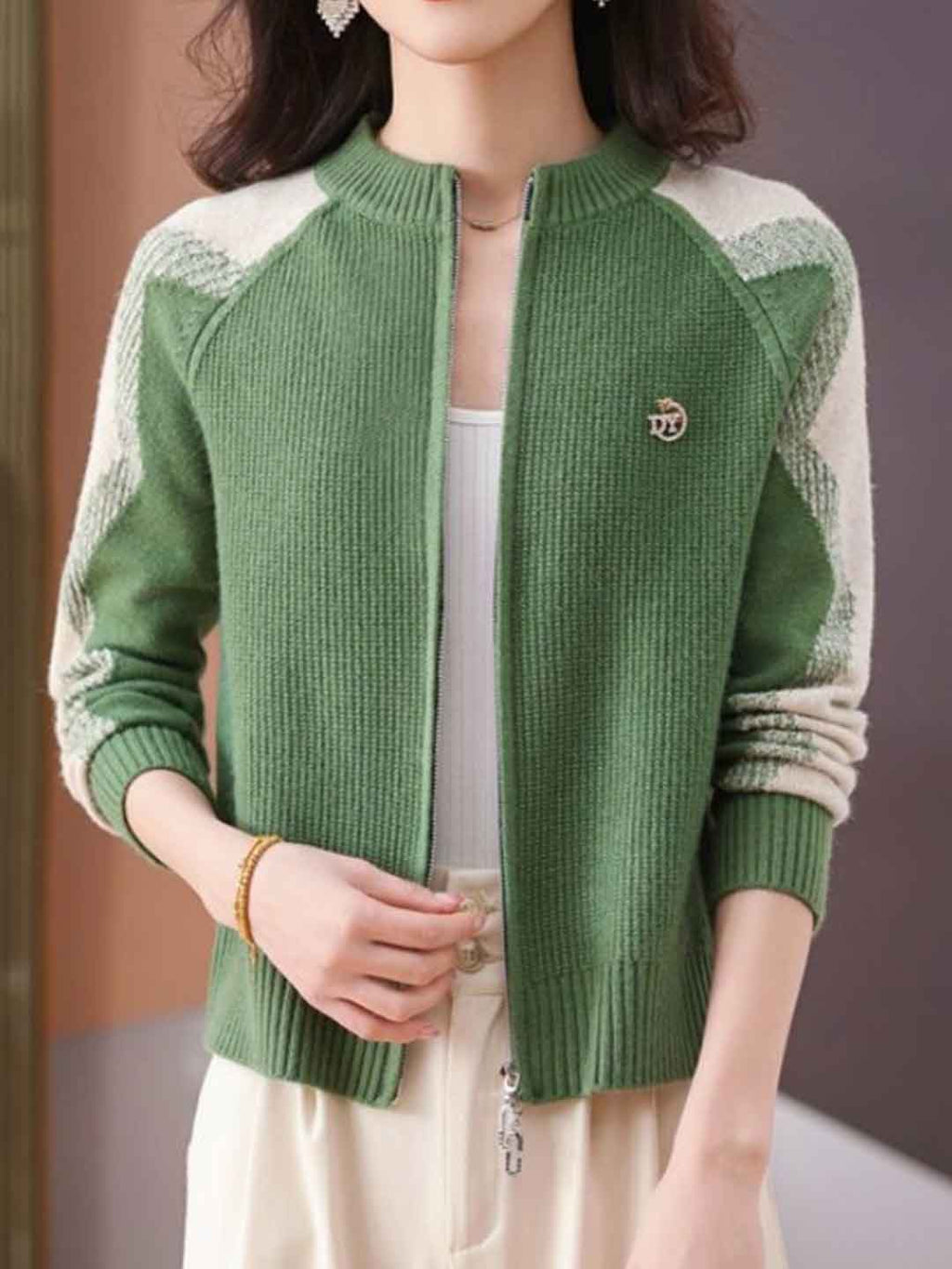 Paige Loose Crew Neck Colorblock Knitted Cardigan-Red