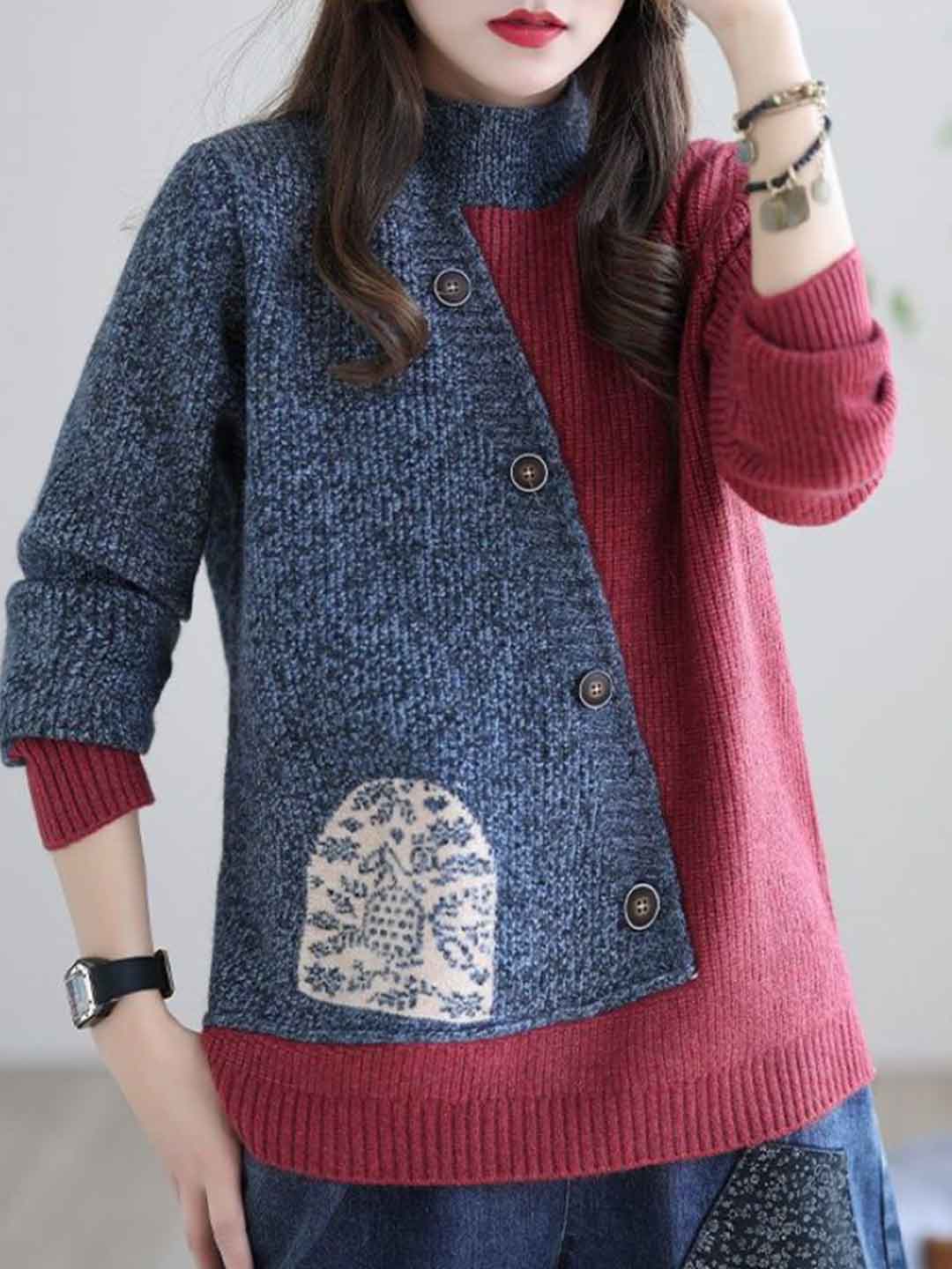 Mya Loose Crew Neck Colorblock Knitted Pullover Top-Blue