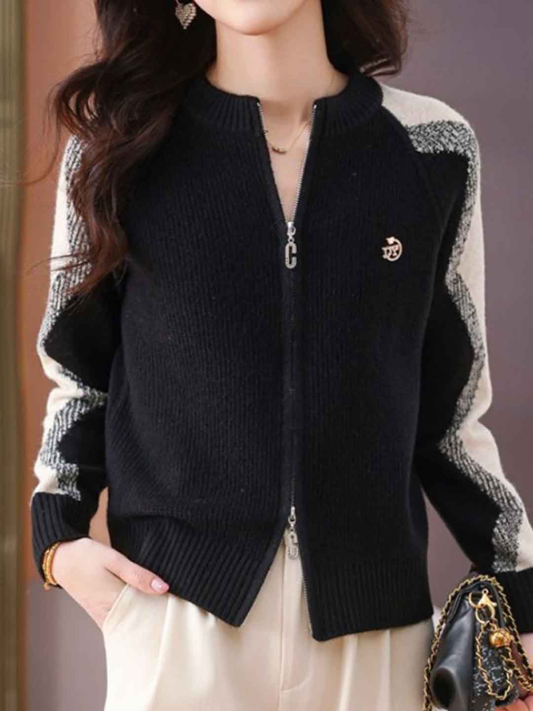 Paige Loose Crew Neck Colorblock Knitted Cardigan-Green