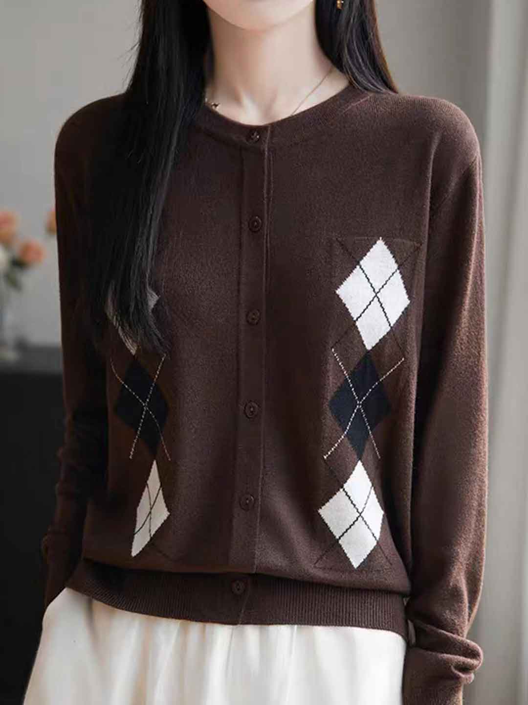 Rachel Loose Crew Neck Diamond Knitted Top